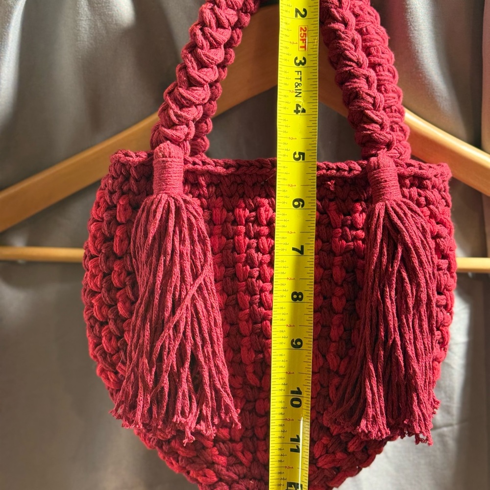 NWT BINGE Red Crochet Mini Bag With Tassels Boho Handmade Chic - Picture 6 of 15